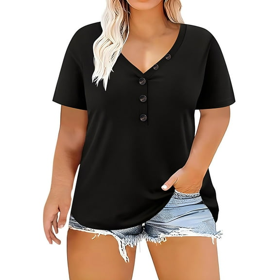 Miqool Plus Size Tops for Women Short Sleeve V Neck Buttons up Tunic Tops Summer Casual Loose Fit T Shirts Solid Basic Tees L-5XL