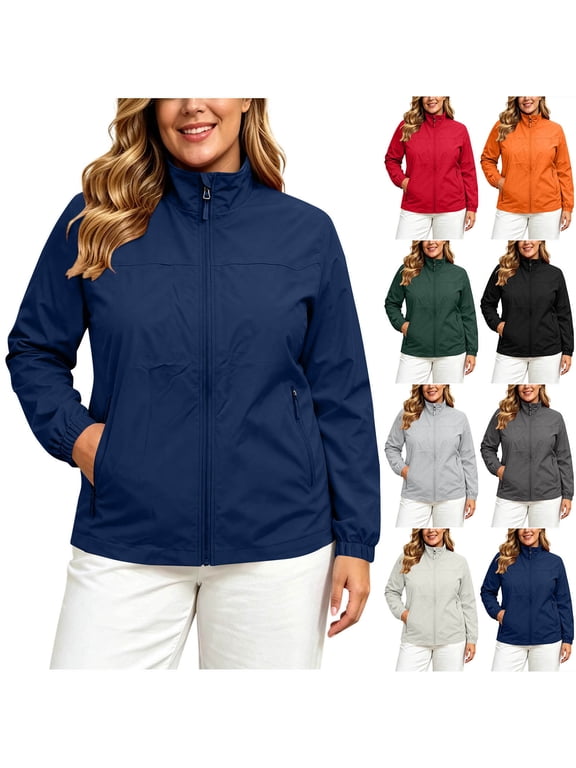 Plus Size Womens Stand Collar Zip Up Jacket Lightweight Windbreaker Coat Long Sleeve Casual Fall Winter Outdoor Hiking Outerwear Outfits XS-XXXL