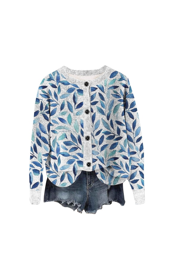 Printed Cardigan Sweater for Women Loose Crew Neck Knit Button Down Long Sleeve Sweater Tops