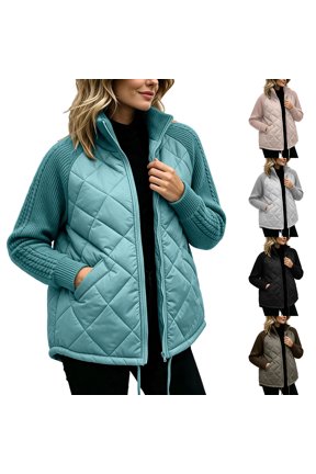 Quilted Jackets for Women Full Zip Up Stand Collar Casual Patchwork Ribbed Knitted Coats with Pockets