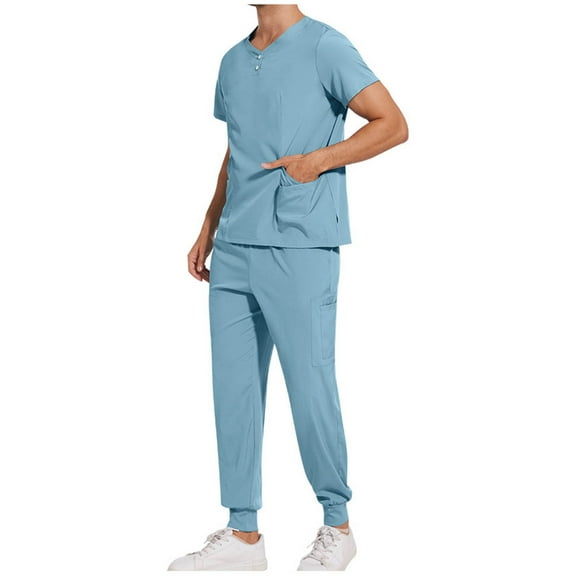 Miqool Scrubs Set for Men — Classic V-Neck Stretch Top & Jogger Scrub Pants, Yoga Waistband, 8 Pockets