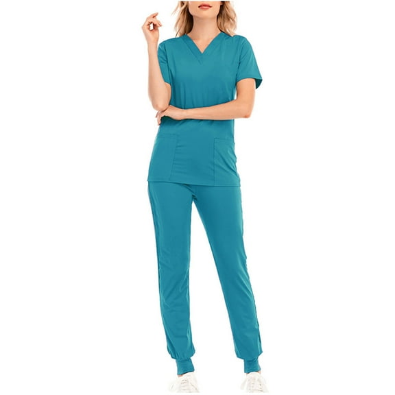 Miqool Scrubs for Women Set V-Neck Pocket Top & Jogger Scrub Pants Stretch Nursing Scrubs Set Medical Uniform