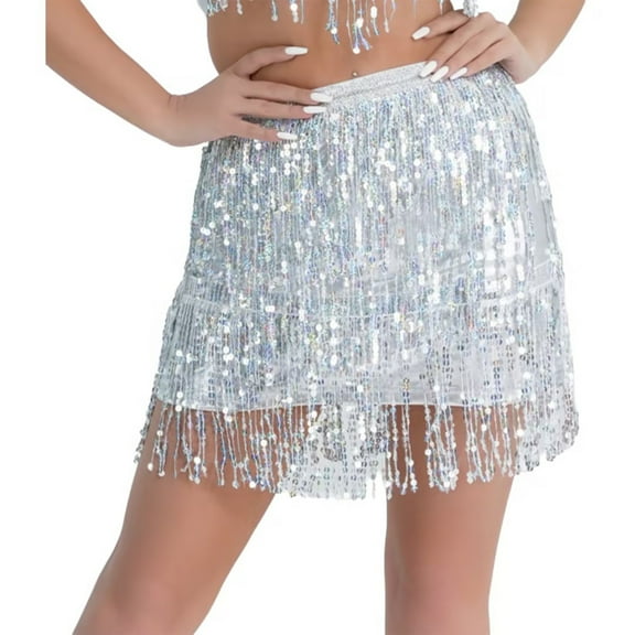 Miqool Sequin Skirt for Women Sparkly Glitter Tassel Sequin Dance Skirt Elastic High Waist Stretchy Bodycon Mini Skirts for Club Night Out Party