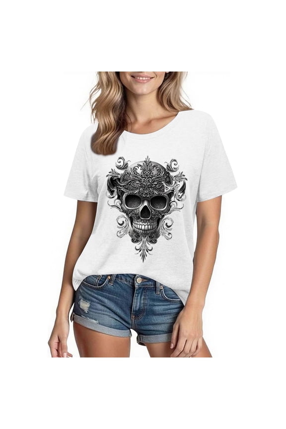 Shirts for Women Gothic Skeleton Print Vintage Graphic Casual Cotton Tops Funny Workout Athletic Shirts