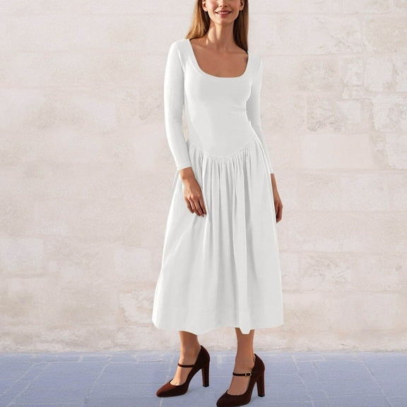 Miqool Square Neck Dresses for Women Long Sleeve Casual A-Line Midi Maxi Dress Lightweight Tunic Solid Trendy Fall Outfits