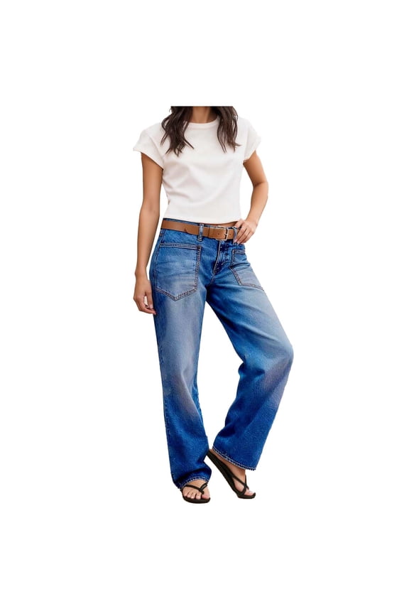 Straight Leg Jeans for Women Trendy Mid Rise Stretchy Patch Pocket Baggy Jeans Casual Without Belt
