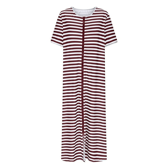 Miqool Striped Robes for Women Zipper Front Bathrobe Short Sleeve Full Length House Coat Long Nightgown Soft Loungewear with Pockets