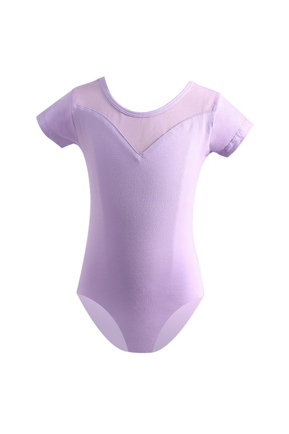Toddler Kids Girls Short Sleeve Leotards for Ballet, Mesh Patchwork Comfy Cotton Dance Uniform Bodysuit for 3-15 Years