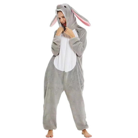 Miqool Unisex Bunny Rabbit Onesie Pajamas Hooded Fleece Jumpsuit Zip Up Cozy Animal Loungewear Sleepwear for Costume Halloween Party
