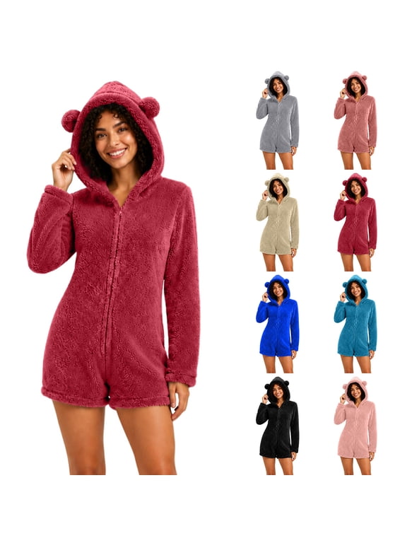 Unisex Warm Fuzzy Hooded Romper Short Onesie Playsuit Jumpsuit Zip Up Bear Long Sleeve Plush Loungewear Sleepwear S-5XL