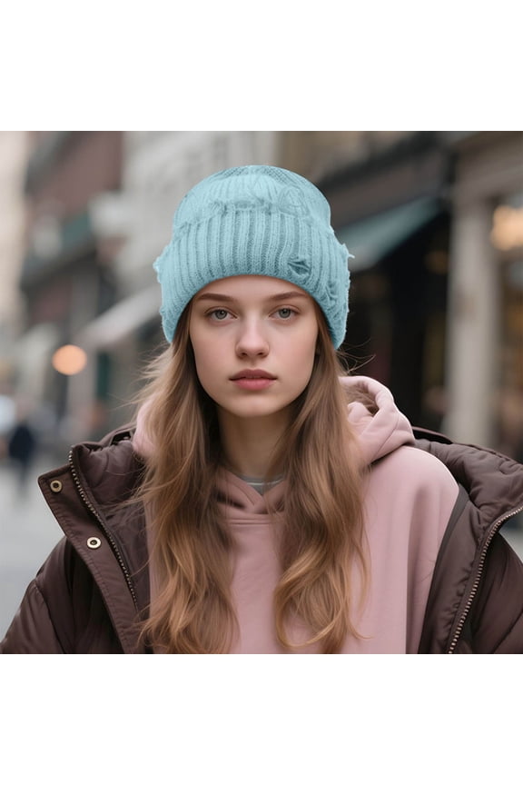 Unisex Winter Hat Casual Distressed Knit Skull Cap Fashion Plain Cuff Slouchy Ripped Style