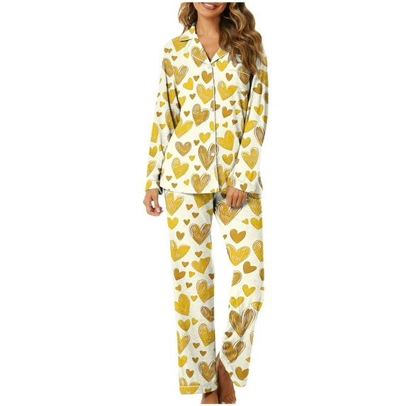 Miqool Valentine's Day Pajama for Women Sets Button Down Pjs Long Sleeve Sleepwear 2 Piece Lounge Sets with Long Pants Nightwear