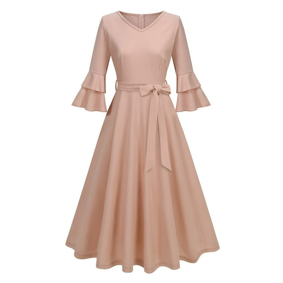 Miqool Wedding Guest Dress Casual Fall Cocktail Tea Party Bell Sleeve Fashion Vintage Evening Graduation Dress