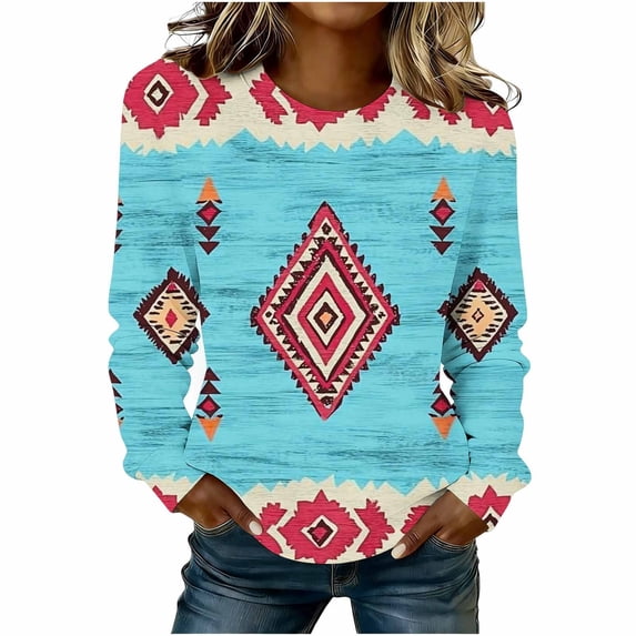 Miqool Western Vintage Print Sweatshirts for Women Long Sleeve Crewneck Casual Loose Pullover Sweatshirt Top