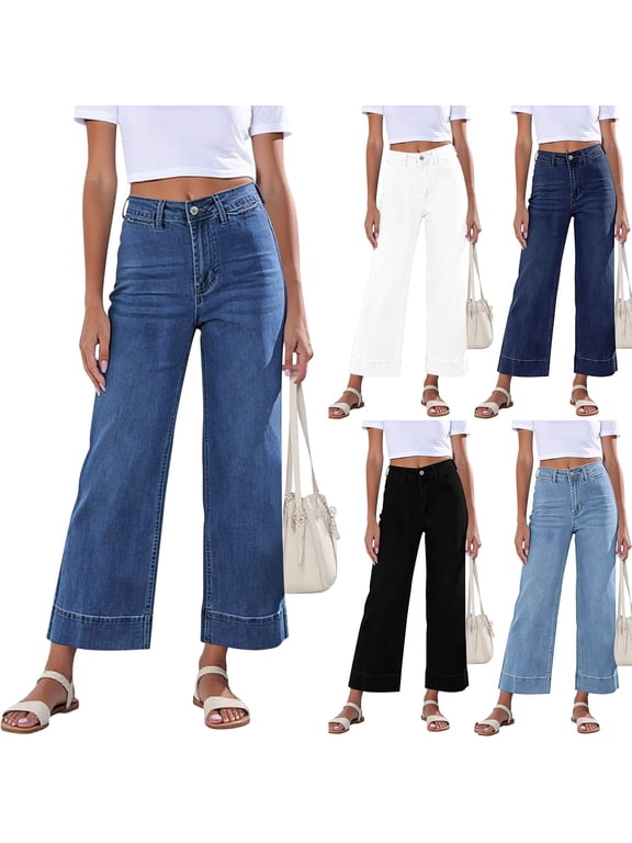 Wide Leg Cropped Jeans for Women High Waisted Cuffed Hem Denim Jeans Casual Ankle Pants with Pockets