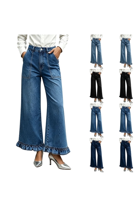 Wide Leg Jeans for Women Stretch High Rise Baggy Trendy Denim Jean Ruffle Hem Pants with Patch Pockets