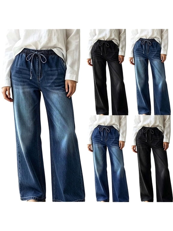 Wide Leg Jeans for Women Trendy Pleated High Waisted Drawstring Tie Elastic Waist Stretchy Denim Pants Trouser Jeans with Pockets