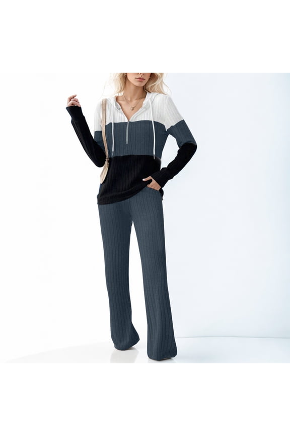 Women 2 Piece Lounge Sets Ribbed Knit Long Sleeve Sweater Hoodies Pants Matching Set Fashion Fall Outfits