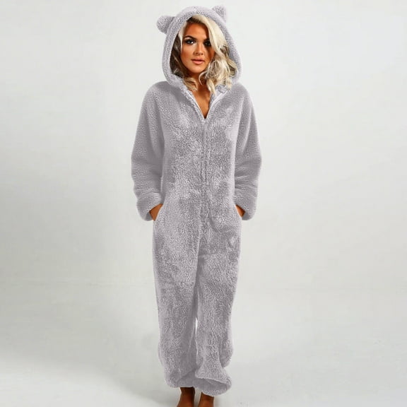 Miqool Women One Piece Fuzzy Warm Hooded Pajamas Jumpsuit Zip Up Onesie Sleepwear with Bear Ear Nightwear