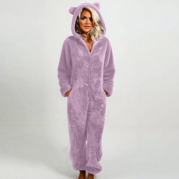 Miqool Women One Piece Fuzzy Warm Hooded Pajamas Jumpsuit Zip Up Onesie Sleepwear with Bear Ear Nightwear
