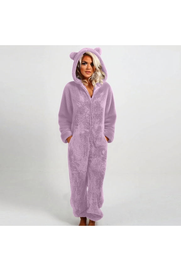 Women One Piece Fuzzy Warm Hooded Pajamas Jumpsuit Zip Up Onesie Sleepwear with Bear Ear Nightwear