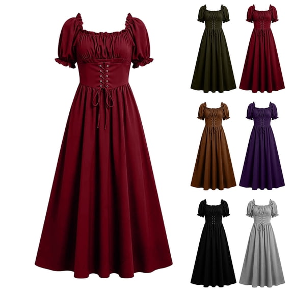 Miqool Women Renaissance Maxi Dress Square Neck Puff Short Sleeve Lace Up Waist Corset Vintage Long Cocktail Dresses