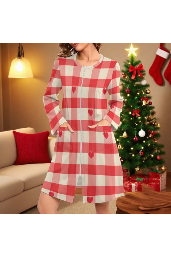 Women Zip Up Robe 3/4 Sleeve Christmas Pajama Housecoat Soft Zipper Front Nightgown Loungewear with Pockets