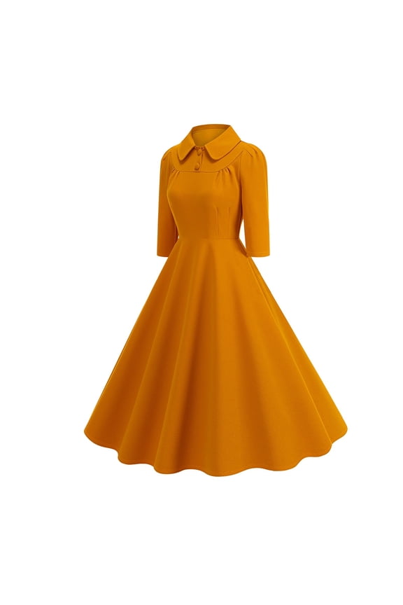 Women's 1950s Vintage Tea Party Cocktail Dresses 3/4 Sleeve Lapel A-Line Swing Midi Dress Prom Formal Dresses Work Church Dress