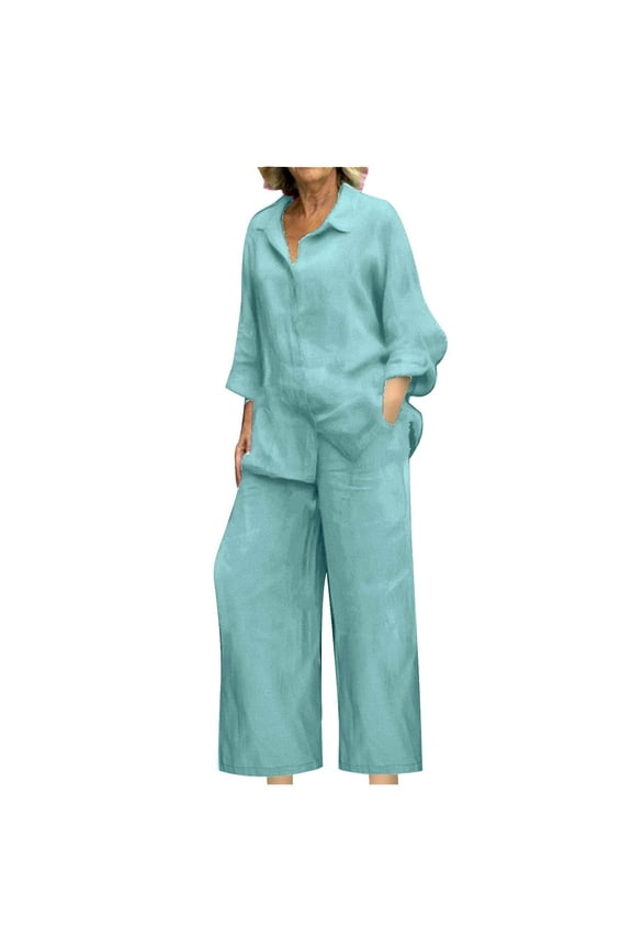 Women's 2 Piece Sets Summer Outfits Button Down Long Sleeve Shirts and Wide Leg Long Pants Tracksuits Beach Vacation Loungewear