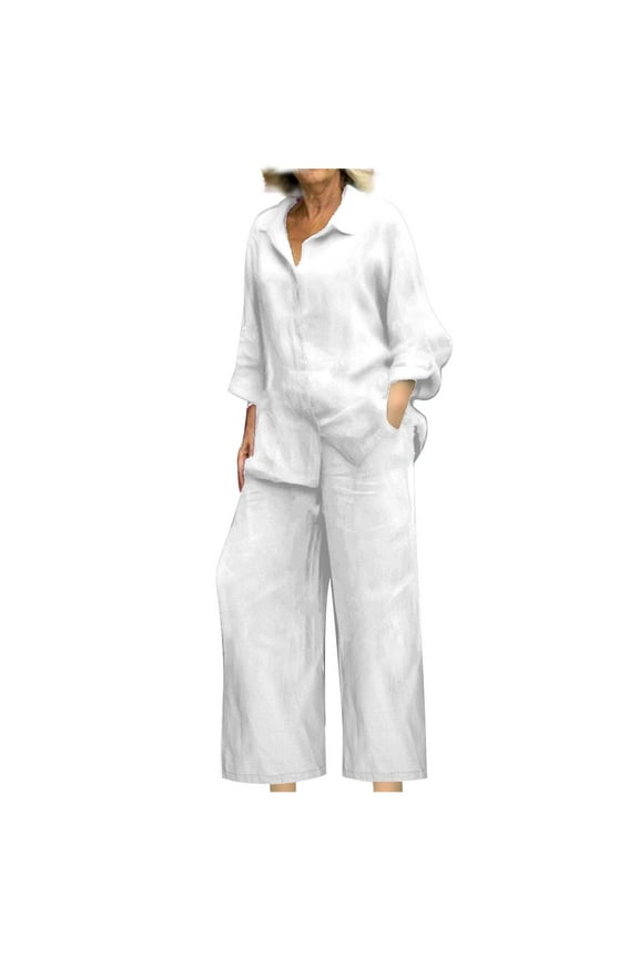 Women's 2 Piece Sets Summer Outfits Button Down Long Sleeve Shirts and Wide Leg Long Pants Tracksuits Beach Vacation Loungewear
