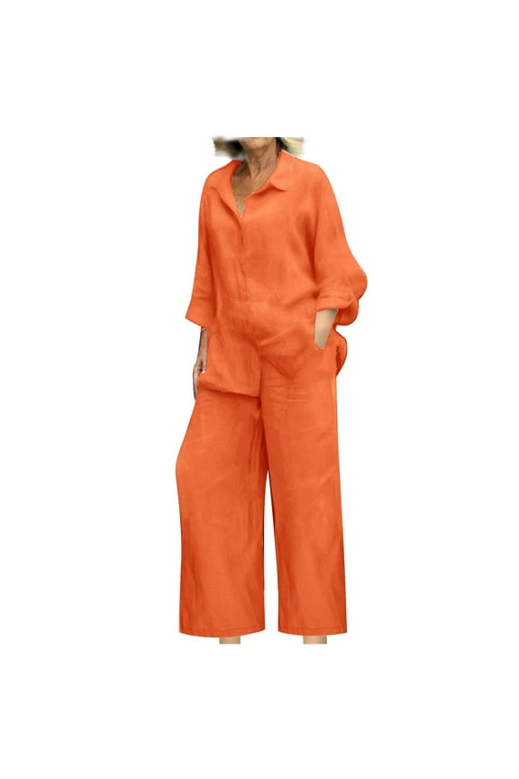 Women's 2 Piece Sets Summer Outfits Button Down Long Sleeve Shirts and Wide Leg Long Pants Tracksuits Beach Vacation Loungewear