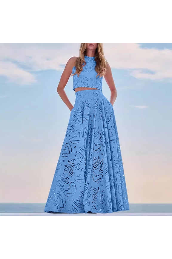 Women's 2 Piece Skirt Sets Casual Boho Sleeveless Cropped Cami Hollowed-out Maxi Skirt Flowy Beach Outfit