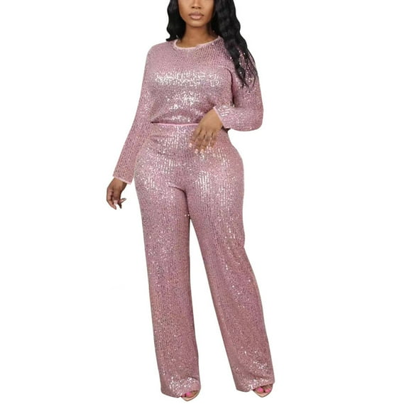 Miqool Women's 2 Piece Sparkly Sequin Outfits Long Sleeve Crewneck Sequin Tops & High Waisted Wide Leg Baggy Pants Set Rave Party Outfits Clubwear
