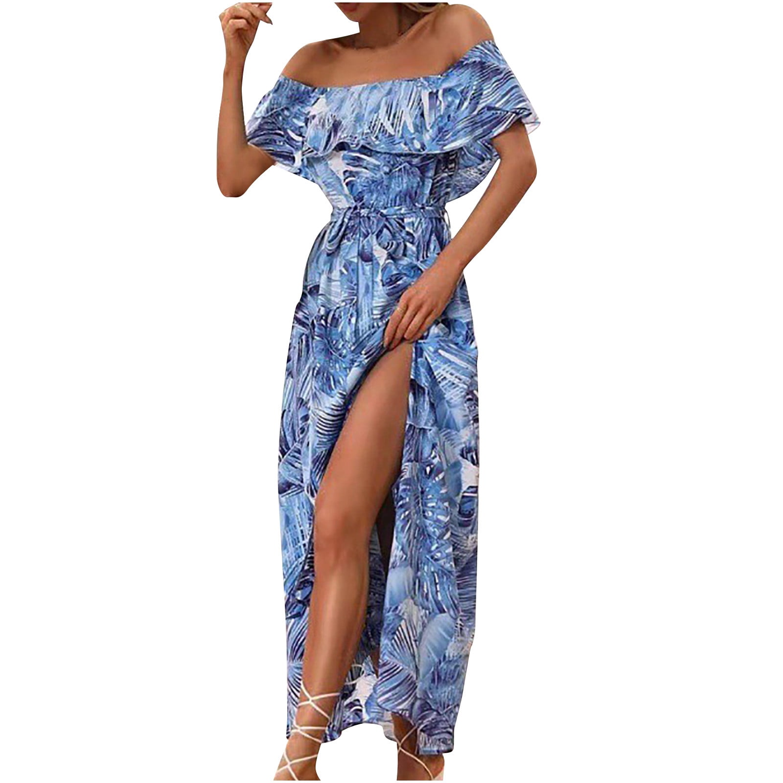 Women's Off The Shoulder Ruffle Maxi Dress - Side Split, Floral Print, Rayon/Spandex, Size Large - View #3