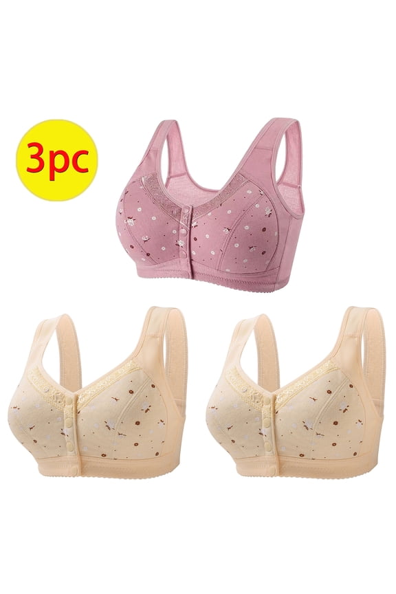 Women's 3 Pack Front Closure Wireless Bras Full Coverage Everyday Bras No Underwire Comfort Lightly Lined Push Up Bra Post Surgery Bras Daisy Bralettes for Older Women