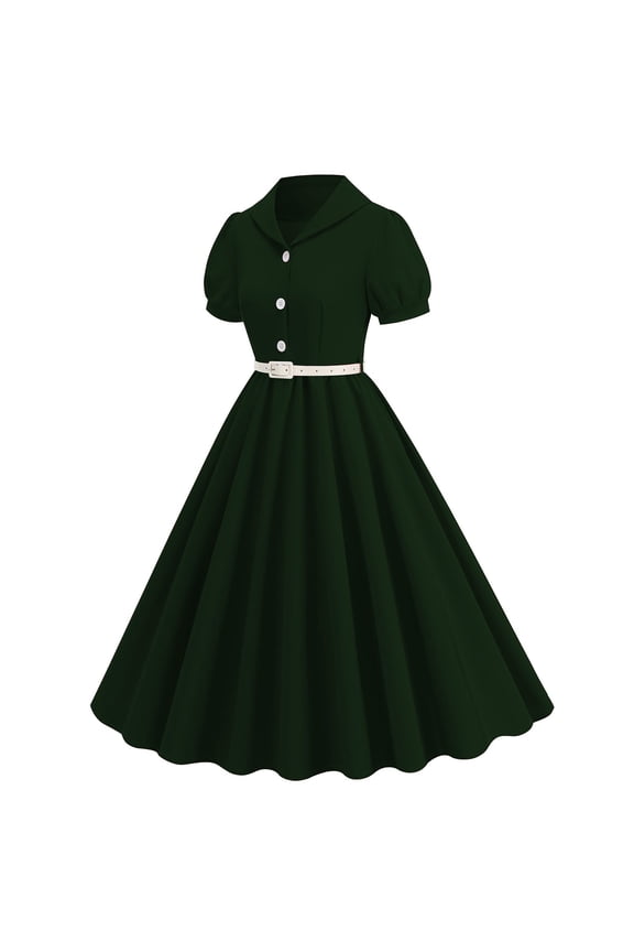 Women's 50s Style Vintage Cocktail Dresses Lapel Buttons Short Puff Sleeve A-Line Swing Midi Dress Tea Party Formal Dresses with Belt