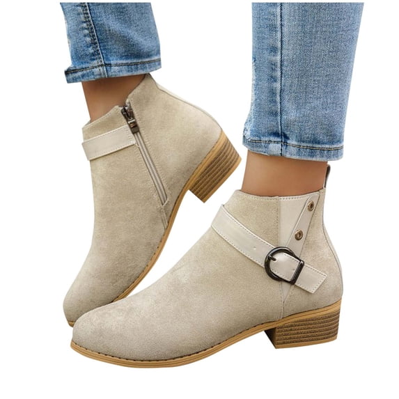 Miqool Women's Ankle Boots Stacked Low Block Chunky Heel Round Toe Western Short Booties Fall Winter Boots Dress Shoes with Buckle Strap