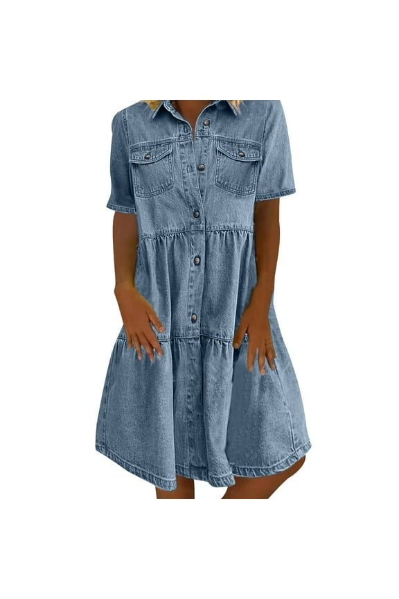 Women's Babydoll Denim Dress Casual Summer Short Sleeve Button Down Lapel A-Line Flowy Tiered Jean Shirt Dresses with Pockets