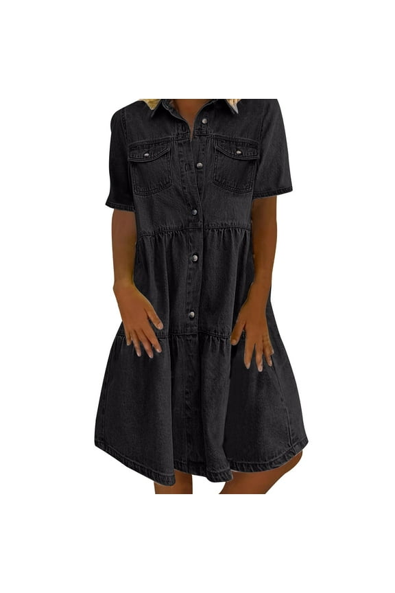 Women's Babydoll Denim Dress Casual Summer Short Sleeve Button Down Lapel A-Line Flowy Tiered Jean Shirt Dresses with Pockets