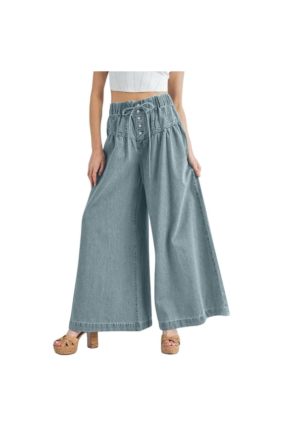 Women's Baggy Wide Leg Denim Pants Drawstring Midi Waisted Flare Jeans Ruffle Pleated Button Jeans