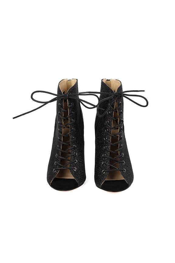 Women's Ballroom Dance Heels Booties Glitter Peep Toe Lace Up Ankle Boot Heels Hollow Out Mesh Side Stiletto High Heel Party Club Latin Dress Sandal Booties