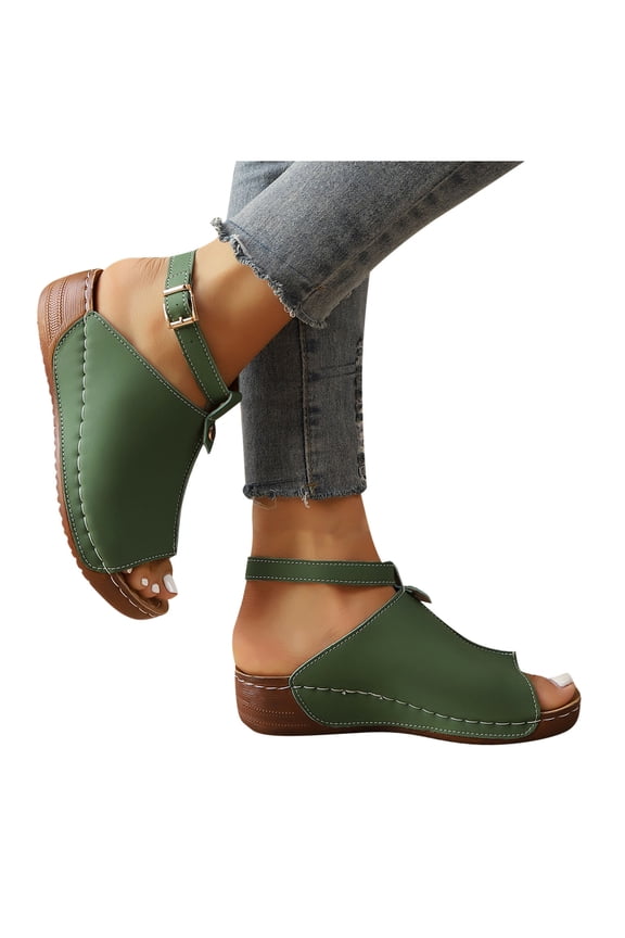 Women's Boho Closed-Side Buckle Low Wedge Slingbacks, Open Toe Arch Support Summer Vacation Sandals