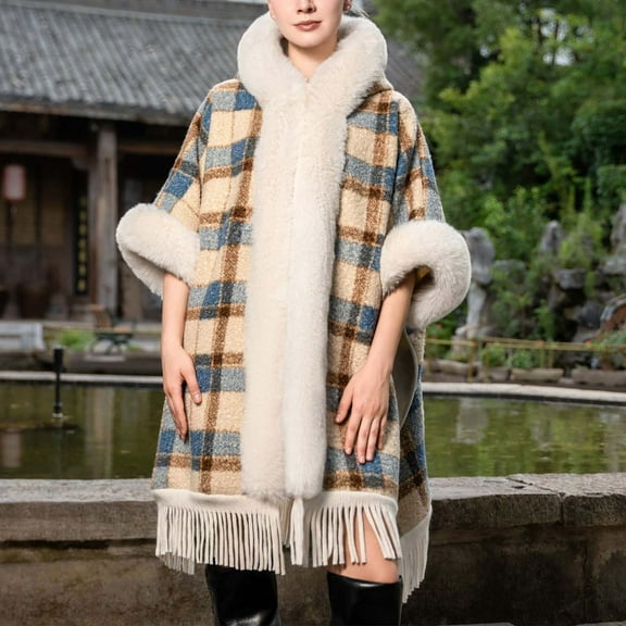 Miqool Women's Boho Shawl Coat Open Front Poncho Knitted Plaid Shawl Wrap Cape Tassel Cardigan Sweater