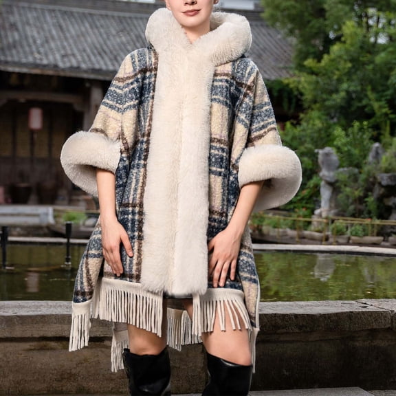 Miqool Women's Boho Shawl Coat Open Front Poncho Knitted Plaid Shawl Wrap Cape Tassel Cardigan Sweater