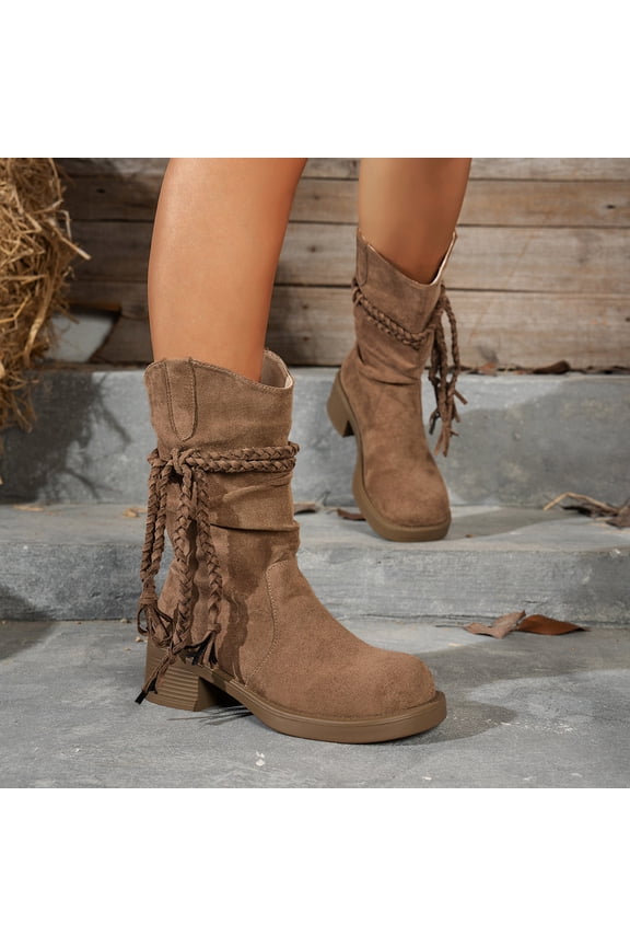 Women's Boots Strap Chunky Heel Slouchy Mid-Calf Fall Winter Pull-On Sole Low Block Heel Wide Width Boots