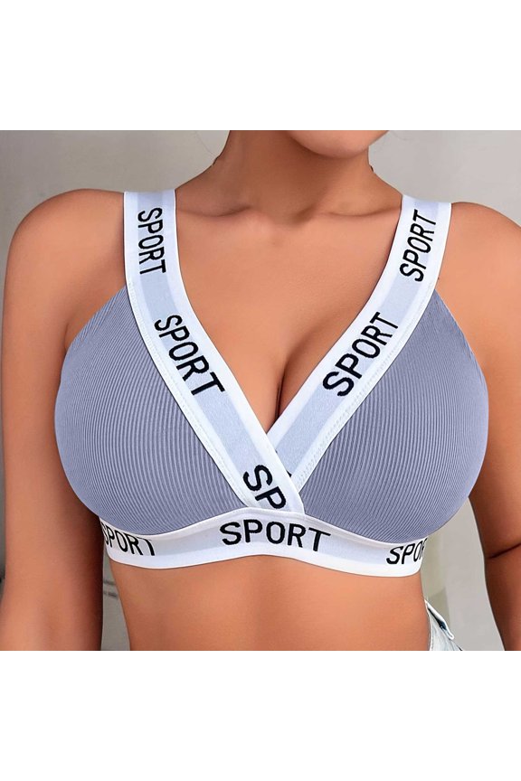 Women's Bras Letter Print Sports Workout Bras Low Cut Rib Knit Wire Free Unlined Seamless Everyday Bralettes