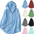 thumbnail image 1 of Miqool Women's Button Down Hoodies Cotton Linen Long Sleeve Sweatshirt Sun Protection Lightweight Drawstring Hooded Shirt Tops Beach Cover Ups, 1 of 9