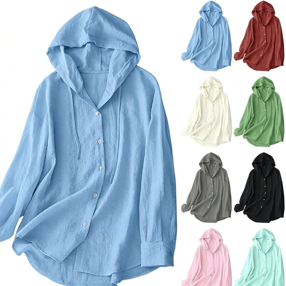 Miqool Women's Button Down Hoodies Cotton Linen Long Sleeve Sweatshirt Sun Protection Lightweight Drawstring Hooded Shirt Tops Beach Cover Ups