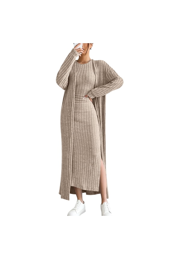 Women's Casual Ribbed Knit Outfit 2 Piece Bodycon Tank Dress and Long Sleeve Long Cardigan Spring Fall Clothes