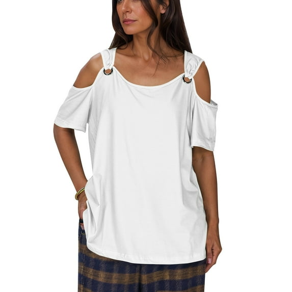 Miqool Women's Cold Shoulder Tops Summer Short Sleeve V Neck Solid Color Tunic Tops Loose Fit Basic Tees Casual T Shirts Blouses